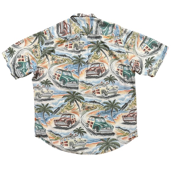 Reyn Spooner Shirt Mens Size L Short Sleeve Hawaiian Eddy Y Car Print Spun Rayon - Picture 2 of 4